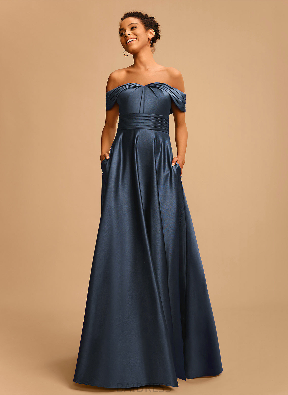 With A-Line Satin Off-the-Shoulder Camille Pleated Floor-Length Prom Dresses