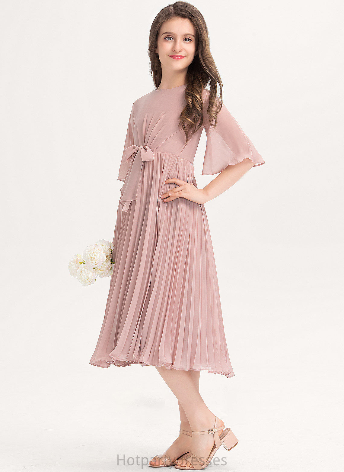 Pleated With Angeline Bow(s) Junior Bridesmaid Dresses A-Line Neck Chiffon Knee-Length Scoop