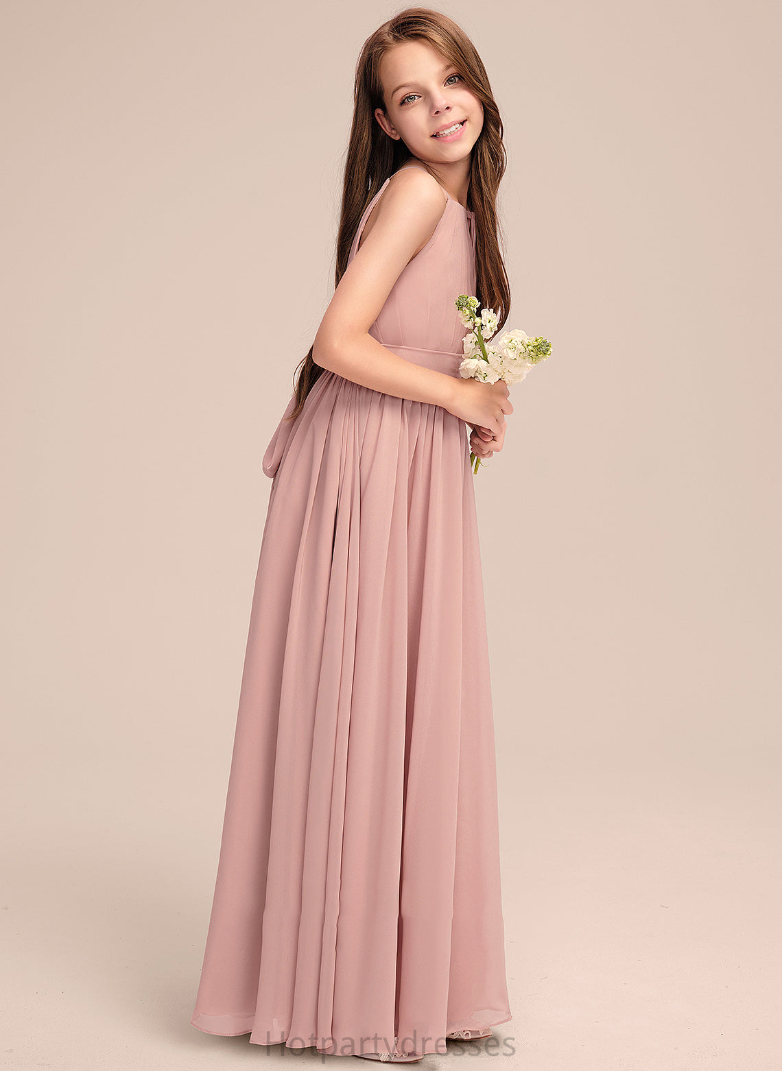 Stacy Bow(s) Chiffon Floor-Length Ruffle Scoop With Neck A-Line Junior Bridesmaid Dresses