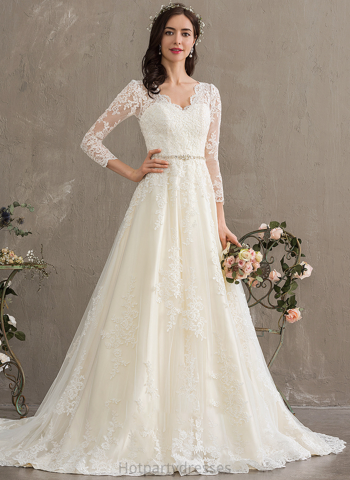 Tulle Ball-Gown/Princess Wedding Wedding Dresses With Chapel Bianca Beading Dress Sequins V-neck Train
