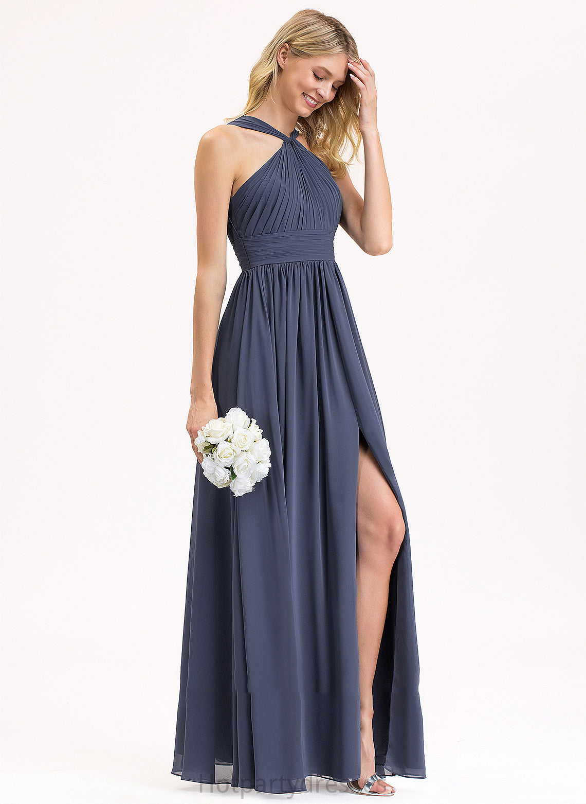 Silhouette Fabric Embellishment A-Line Floor-Length SplitFront Neckline Ruffle Length V-neck Leah V-Neck Bridesmaid Dresses