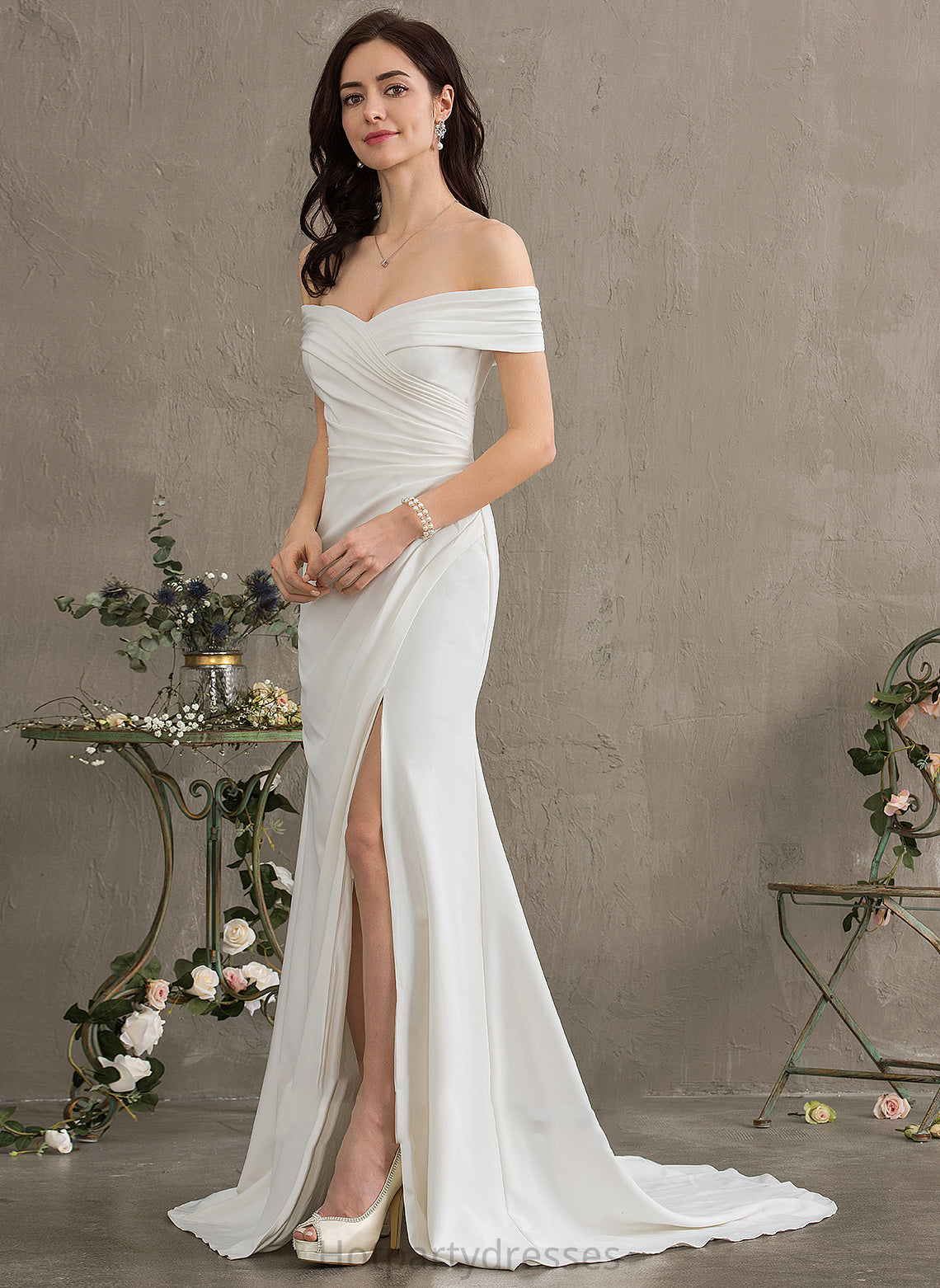 Sheath/Column Off-the-Shoulder Train Wedding Ruffle Front Split Stretch Holly Crepe Dress Wedding Dresses Sweep With