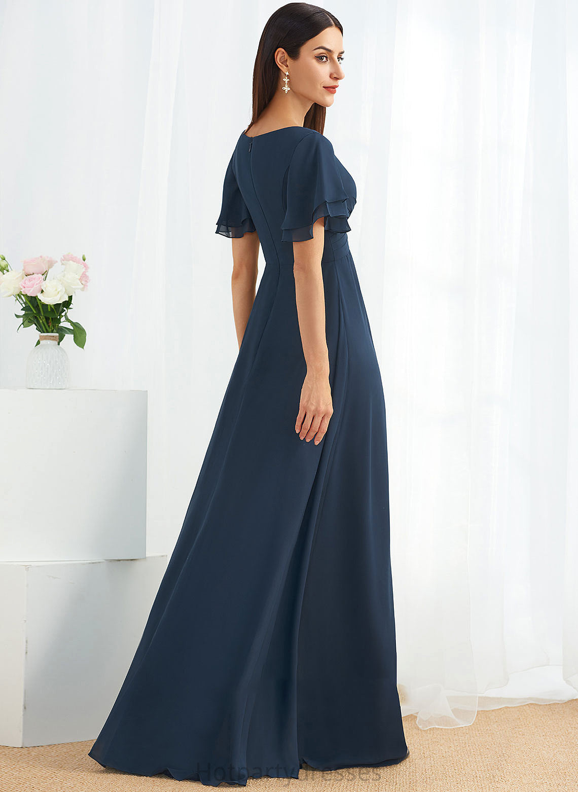Floor-Length SplitFront Neckline A-Line Fabric Silhouette Embellishment V-neck Length Kailyn Taffeta Natural Waist Bridesmaid Dresses