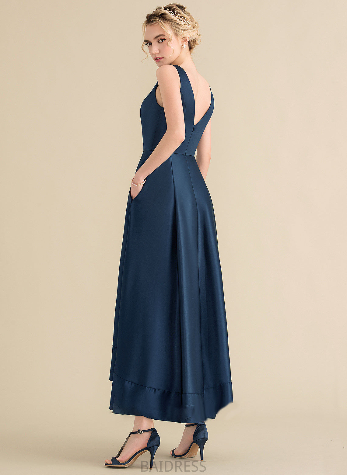 Dominique Asymmetrical With Pockets V-neck Satin Ball-Gown/Princess Prom Dresses