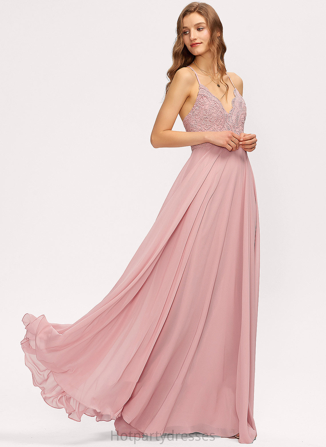 V-neck A-Line Neckline Straps Length Silhouette Floor-Length Fabric Lace Naima Floor Length Natural Waist Bridesmaid Dresses