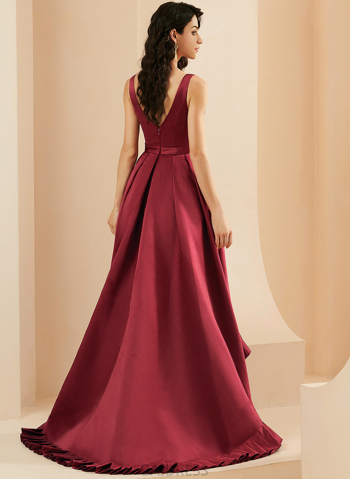 Asymmetrical Stella Pockets Ball-Gown/Princess V-neck Satin Prom Dresses With
