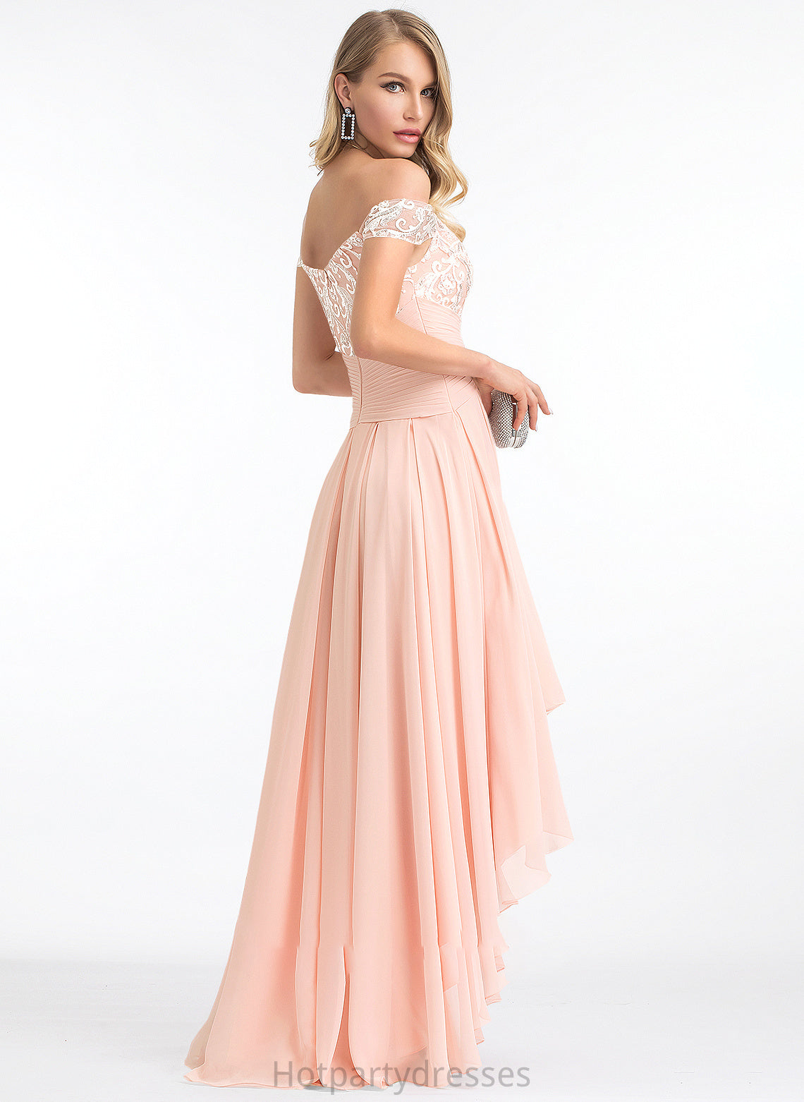 Beatrice Off-the-Shoulder Asymmetrical Dress Sequins Wedding Dresses With A-Line Wedding Chiffon