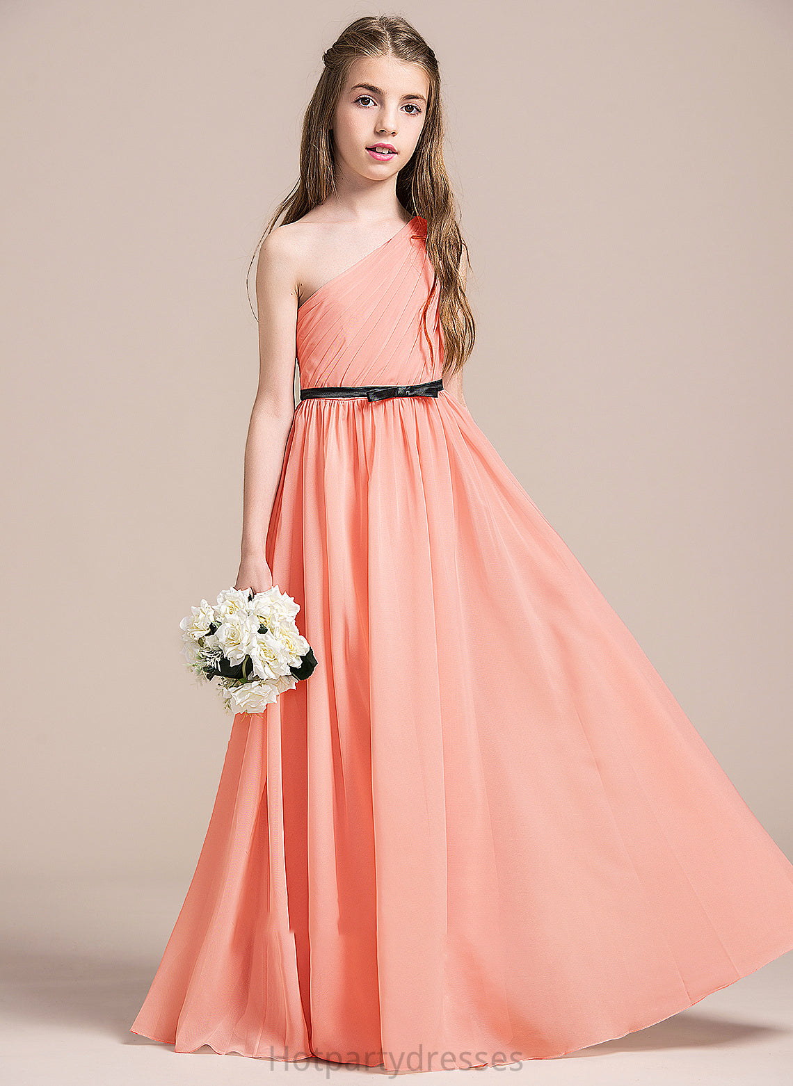 Kamila Chiffon Junior Bridesmaid Dresses Bow(s) One-Shoulder With Floor-Length Ruffle A-Line