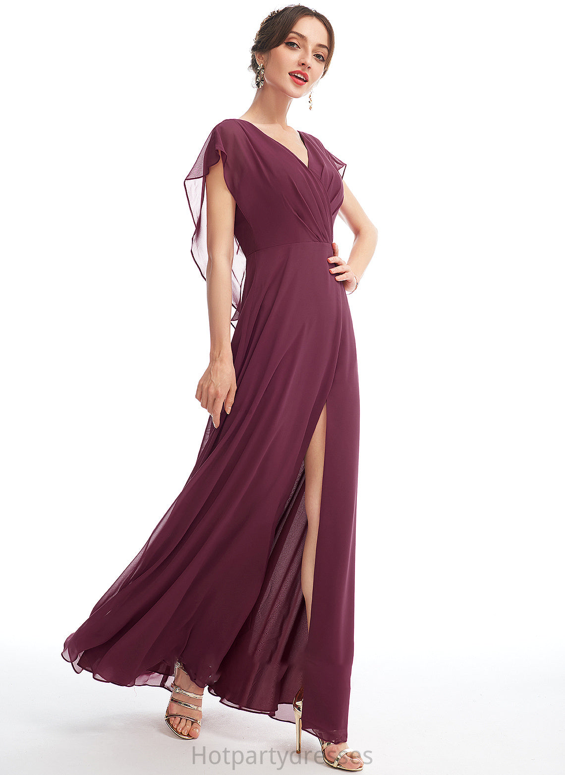 Embellishment Length Silhouette V-neck A-Line SplitFront Floor-Length Fabric Neckline Ruffle Aliya Straps Bridesmaid Dresses