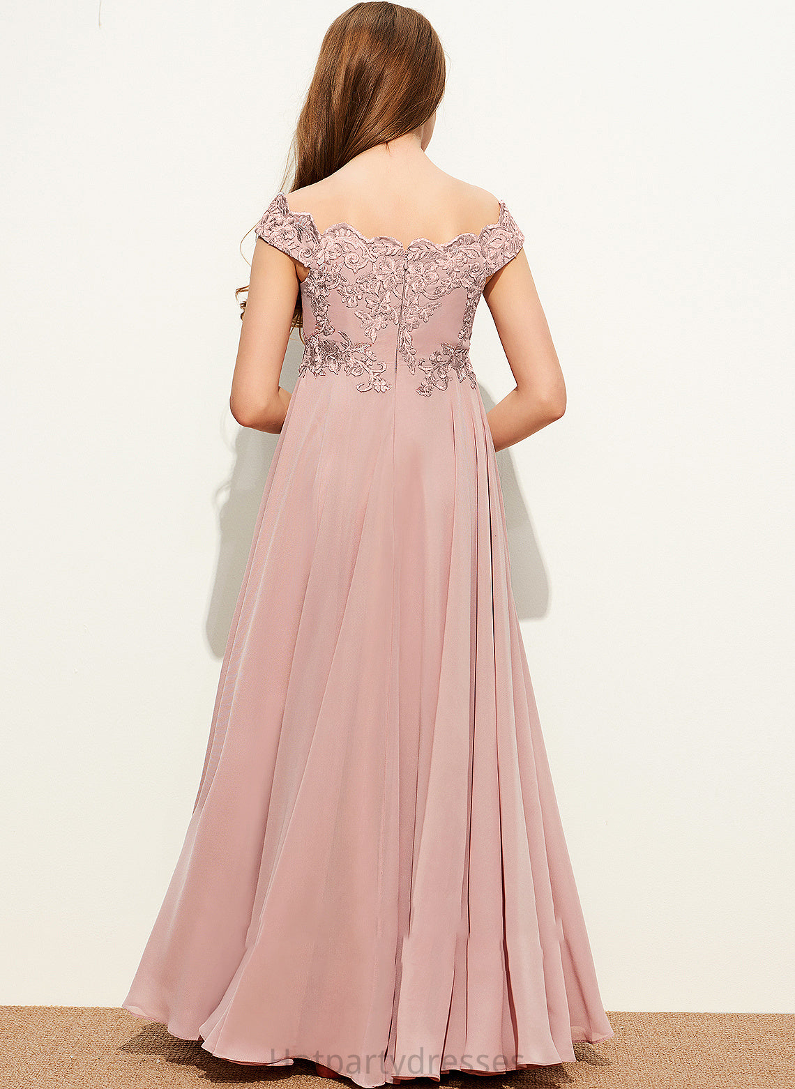 A-Line Lace Floor-Length Briana Chiffon Junior Bridesmaid Dresses Off-the-Shoulder