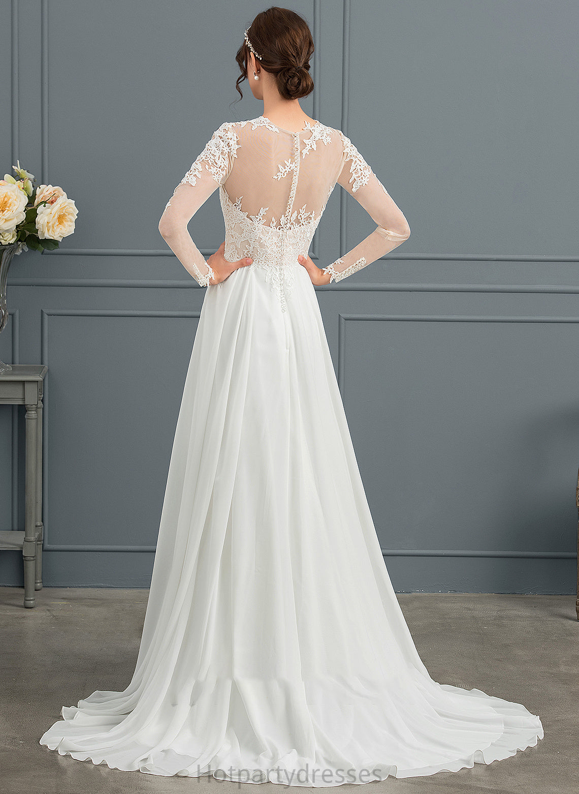 Illusion Chiffon A-Line Wedding Wedding Dresses Dress Sweep With Appliques Raven Front Lace Train Split