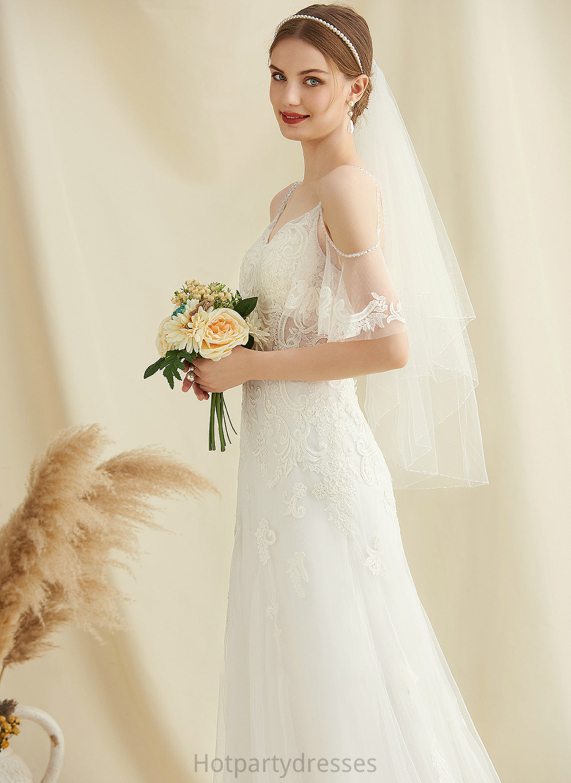 A-Line Train Dress Hayden Wedding Sweep Lace Tulle Beading Wedding Dresses With