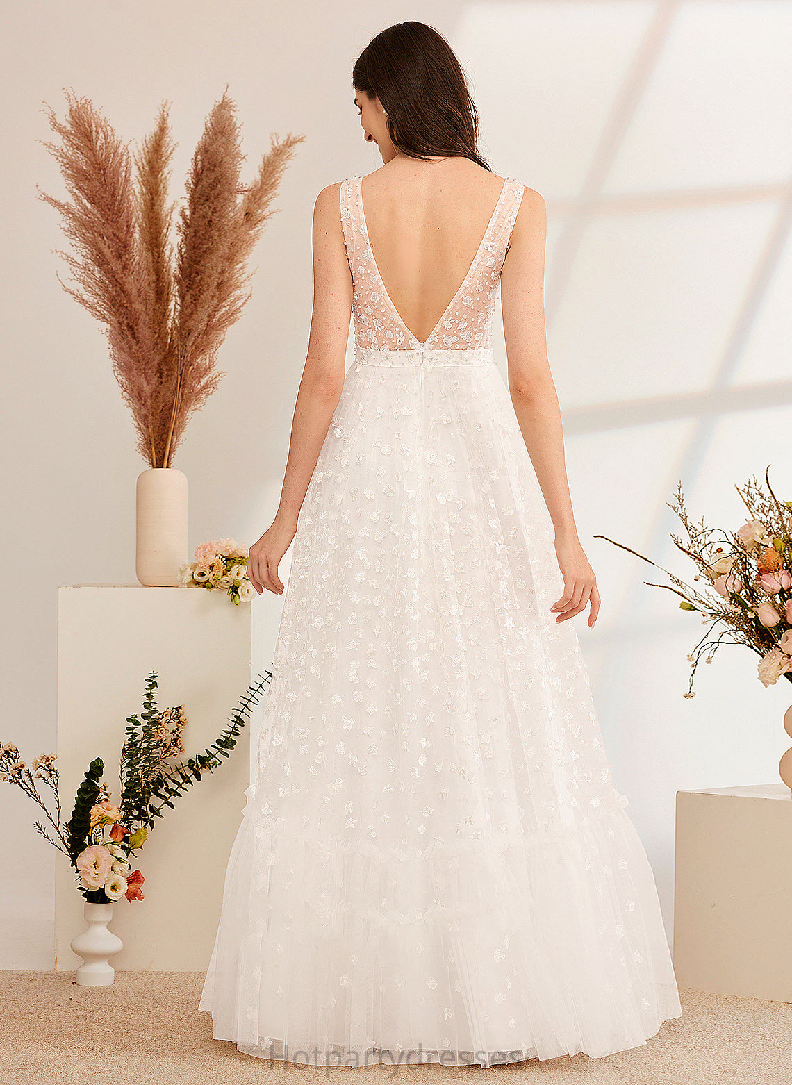 Sequins Beading Floor-Length A-Line Dress Wedding Mylee With V-neck Wedding Dresses