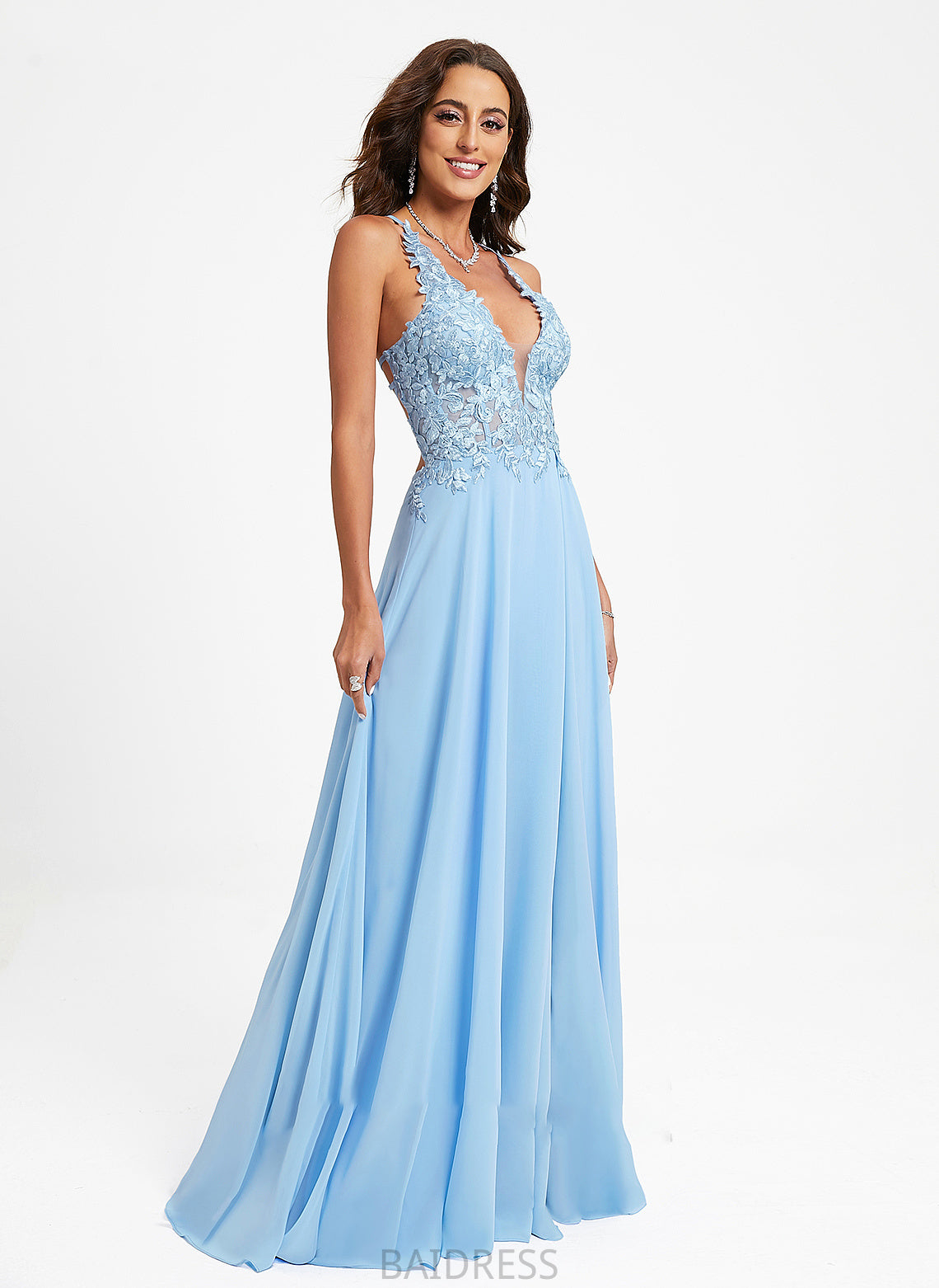 Prom Dresses Lace V-neck With Floor-Length Alyssa A-Line Chiffon