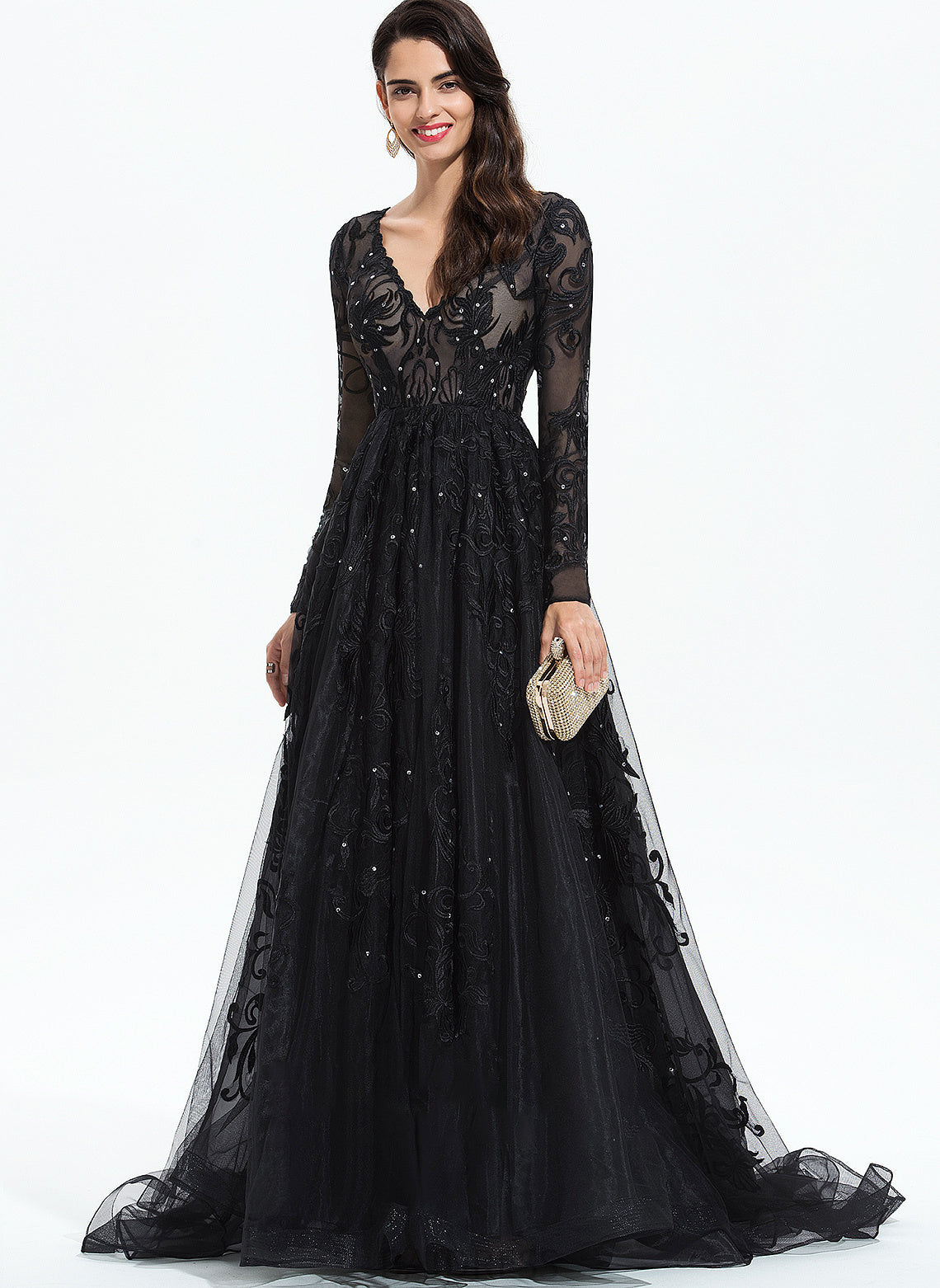 Sweep V-neck Lace With Sequins Ellen Ball-Gown/Princess Tulle Prom Dresses Train