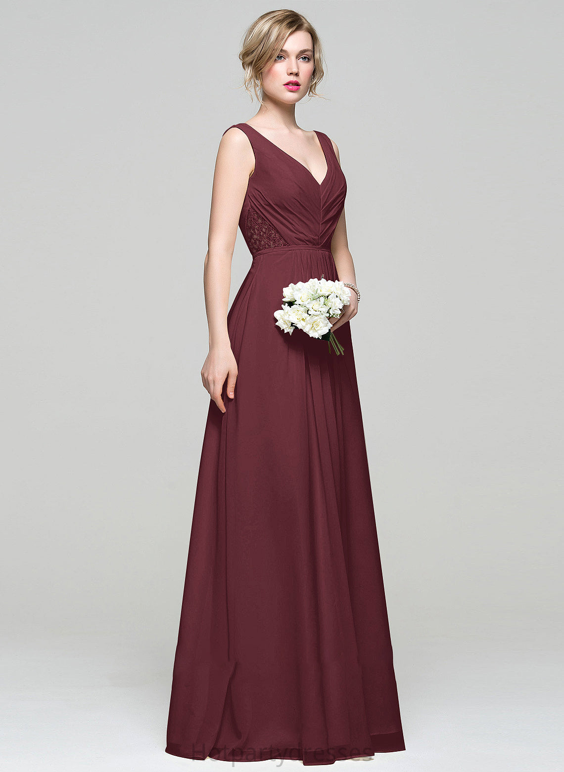 Fabric Sequins Beading Ruffle Floor-Length V-neck Length Lace Neckline Embellishment A-Line Silhouette Bridesmaid Dresses