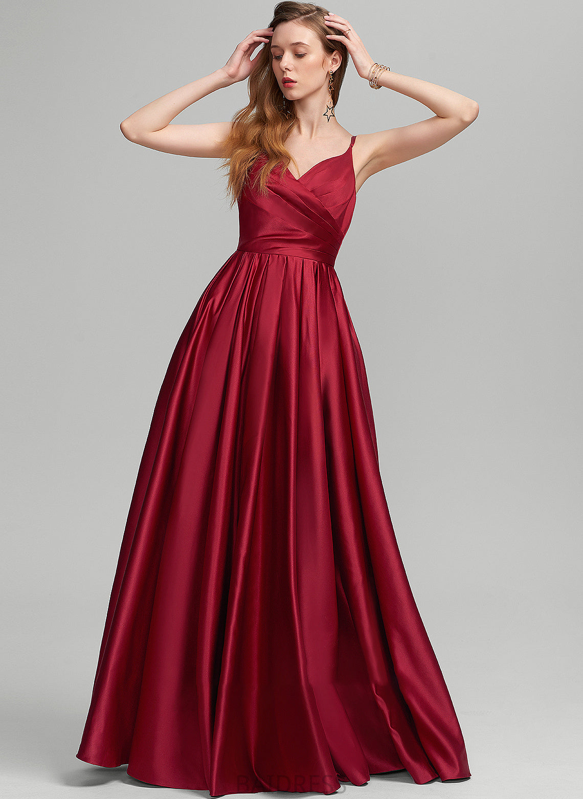 Prom Dresses Satin Pockets Ruffle Carleigh With Floor-Length V-neck A-Line
