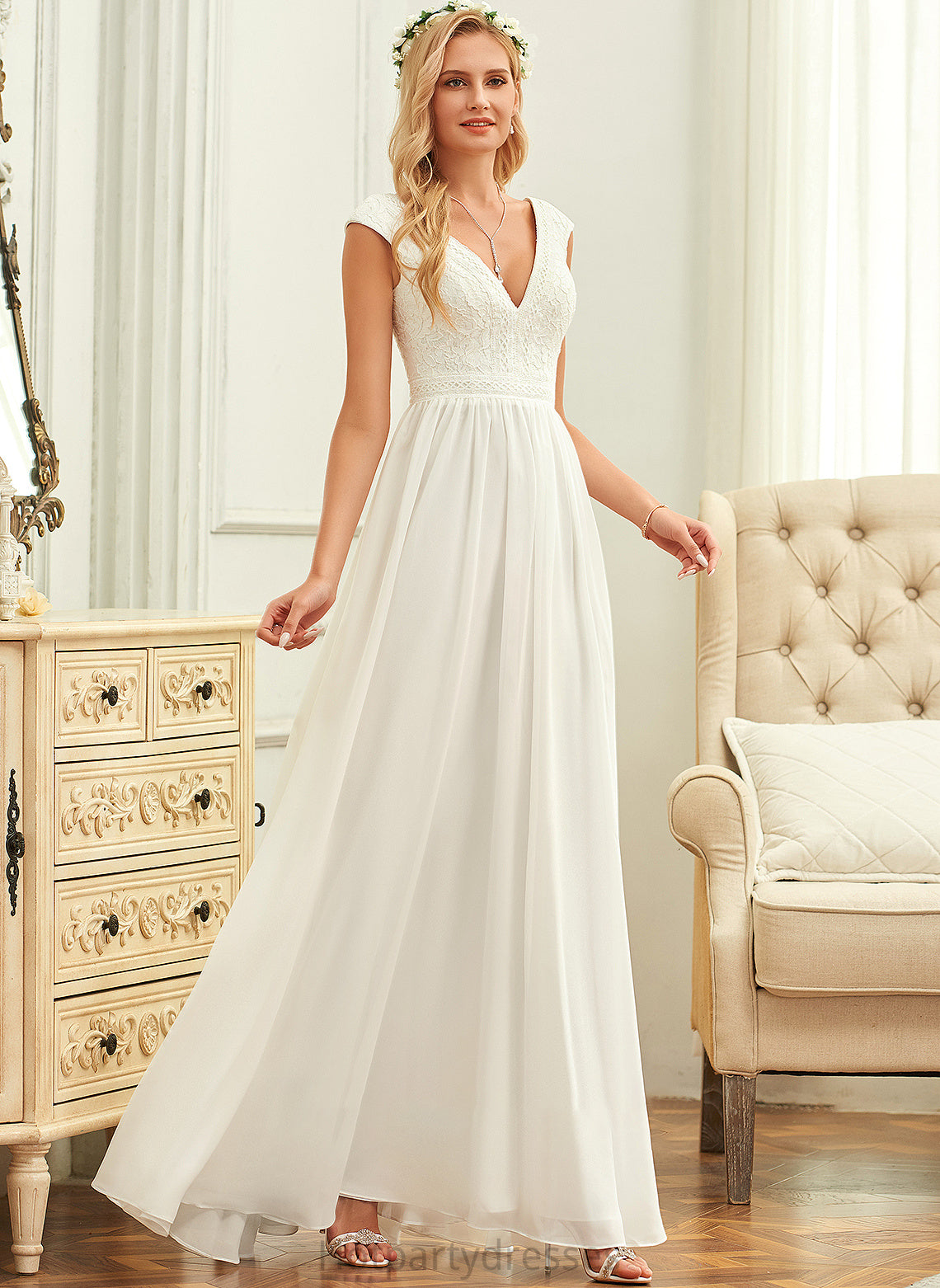 Wedding Dress Lace V-neck A-Line Chiffon Floor-Length Wedding Dresses Hannah