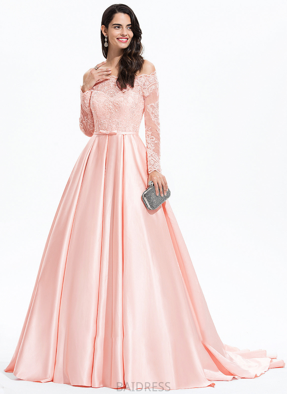 Satin Giovanna Ball-Gown/Princess Prom Dresses Off-the-Shoulder Sweep With Bow(s) Train