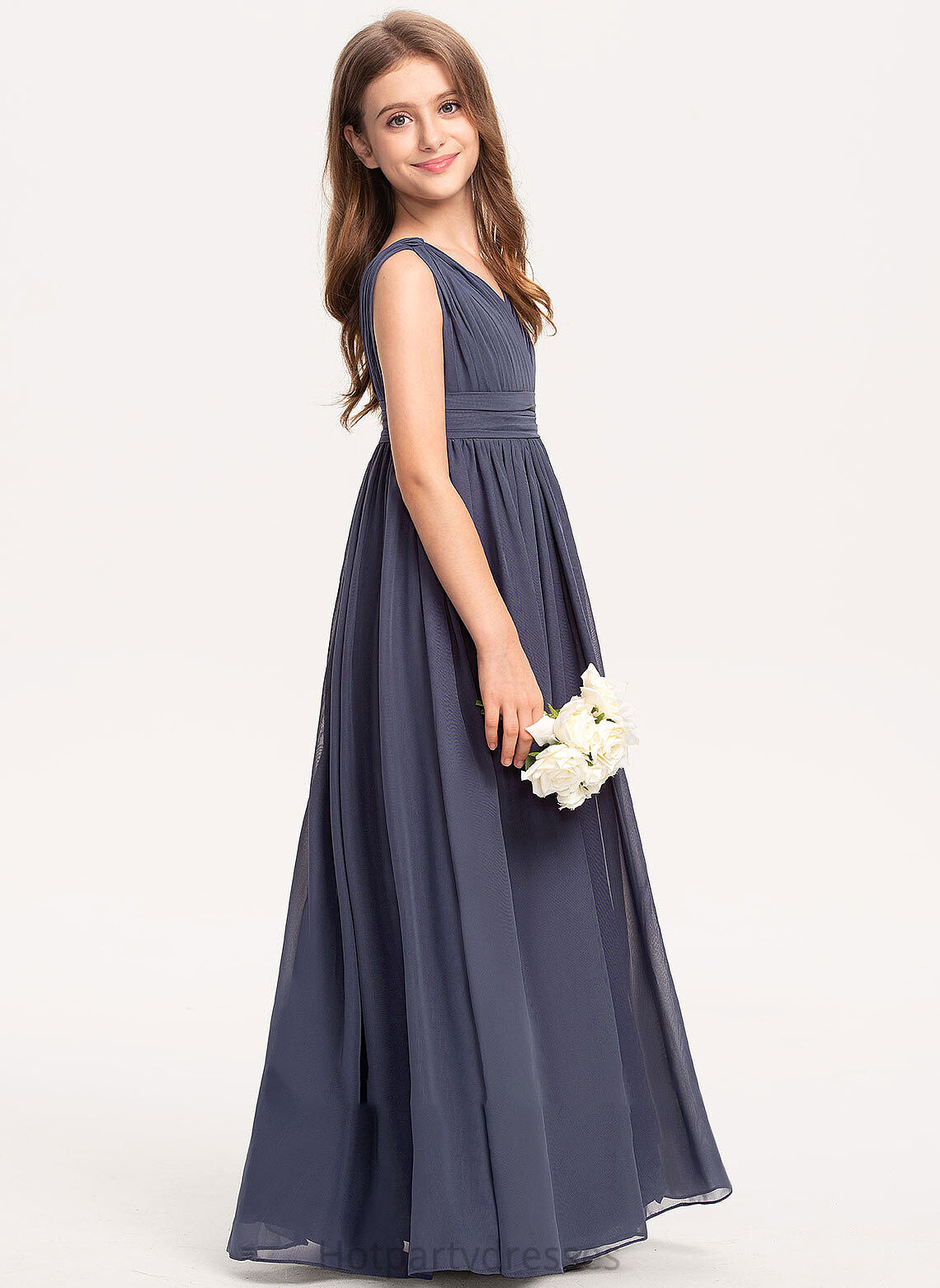 V-neck With Madilynn A-Line Chiffon Ruffle Floor-Length Junior Bridesmaid Dresses