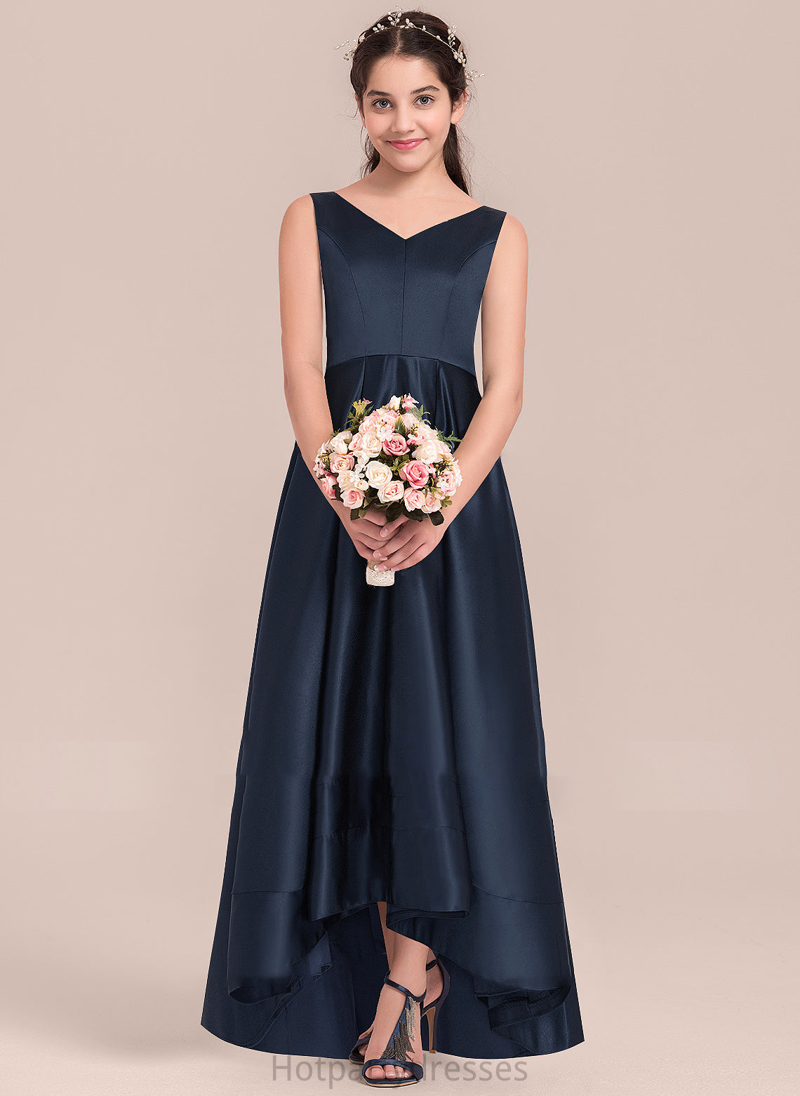 Adison Satin A-Line Junior Bridesmaid Dresses V-neck Asymmetrical