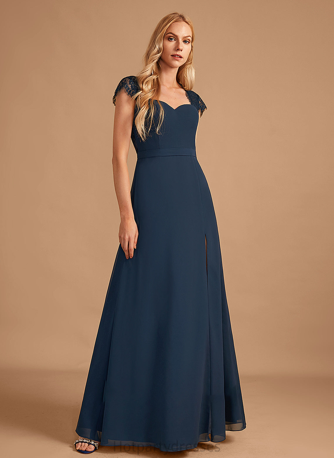 Neckline SplitFront Length Lace V-neck Embellishment Fabric A-Line Floor-Length Silhouette Jessie Sleeveless Bridesmaid Dresses