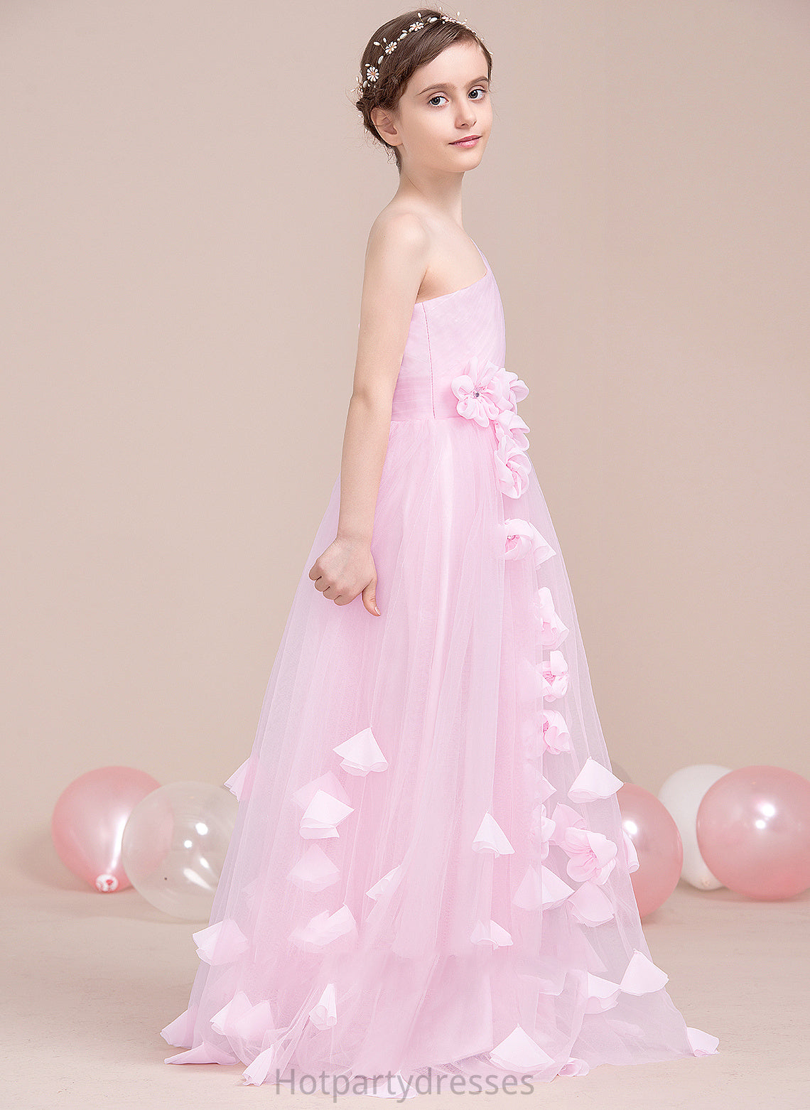 Tulle With Flower(s) One-Shoulder A-Line Ava Junior Bridesmaid Dresses Floor-Length Ruffle