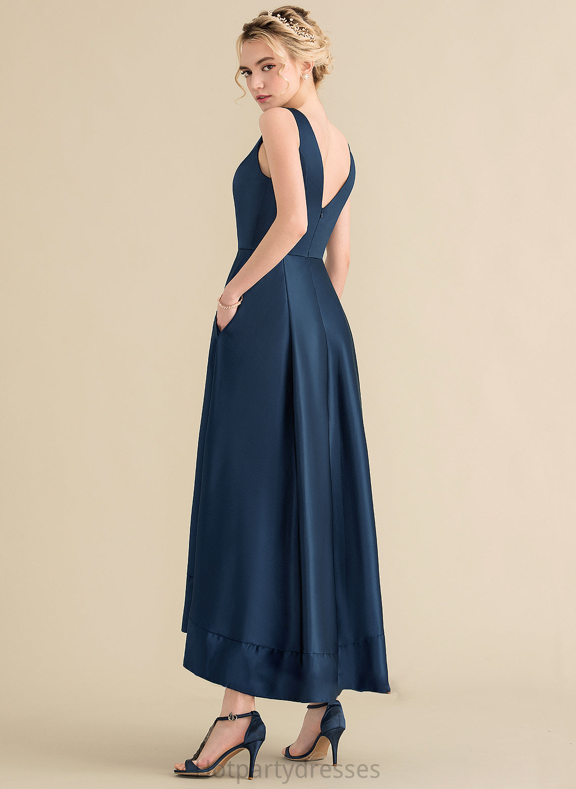 Fabric Length Straps Asymmetrical V-neck Neckline Embellishment Pockets Satin Nathaly One Shoulder Floor Length Bridesmaid Dresses