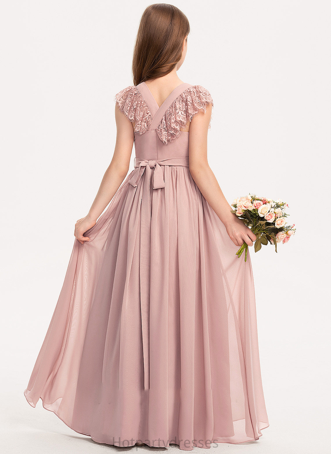 Chiffon Junior Bridesmaid Dresses Neck Kaylyn Lace With Scoop Floor-Length Bow(s) A-Line