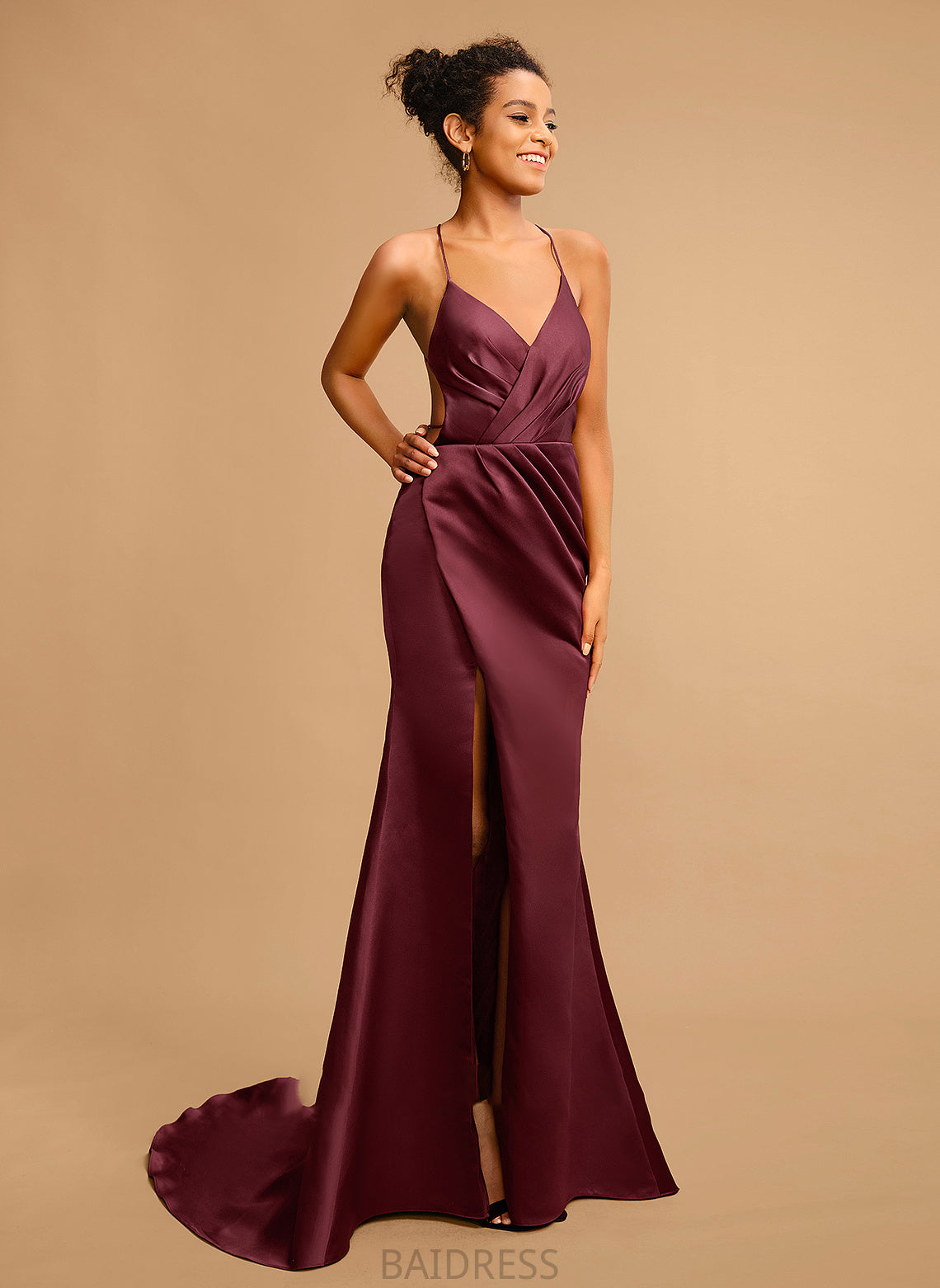 Sweep With Sheath/Column Pleated Train Prom Dresses Satin Shyanne V-neck