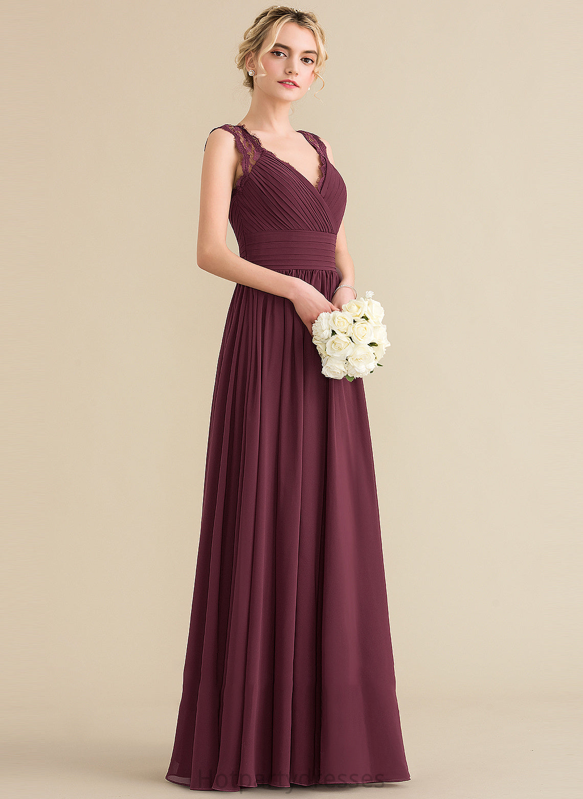 Fabric A-Line Embellishment V-neck Length Neckline Floor-Length Silhouette Ruffle Bow(s) Zaria Taffeta Bridesmaid Dresses