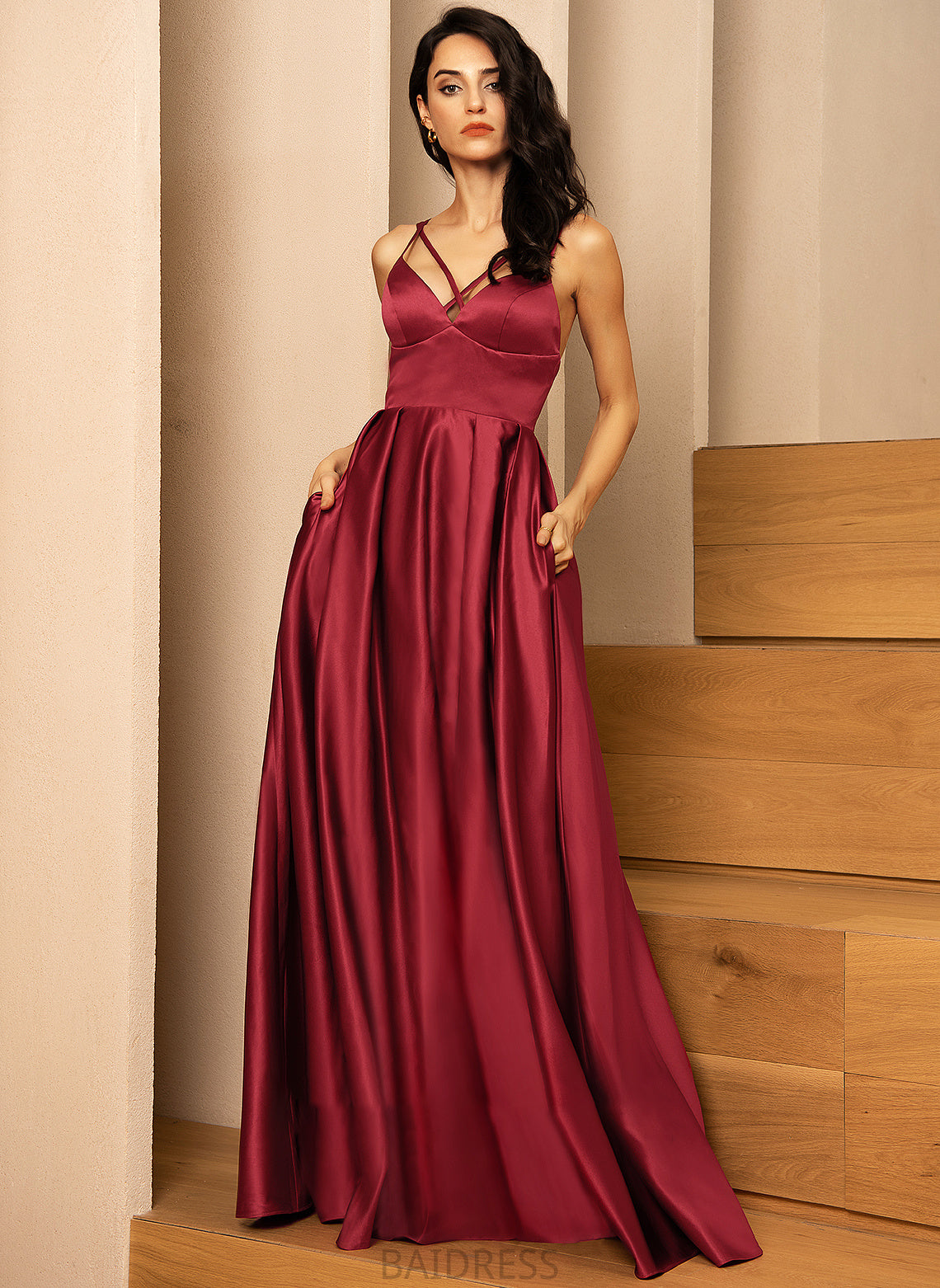 With Front Satin Split Floor-Length V-neck Catherine Prom Dresses A-Line Pockets