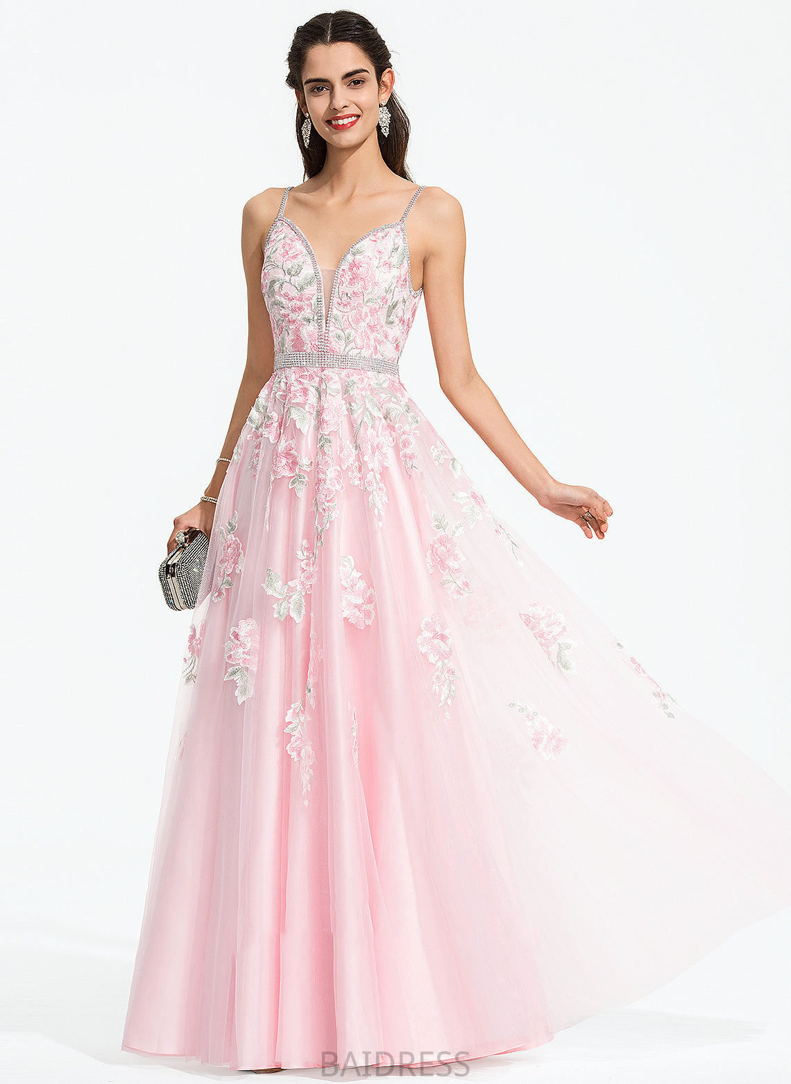 Lia Prom Dresses Sequins Floor-Length Tulle V-neck With Beading Ball-Gown/Princess