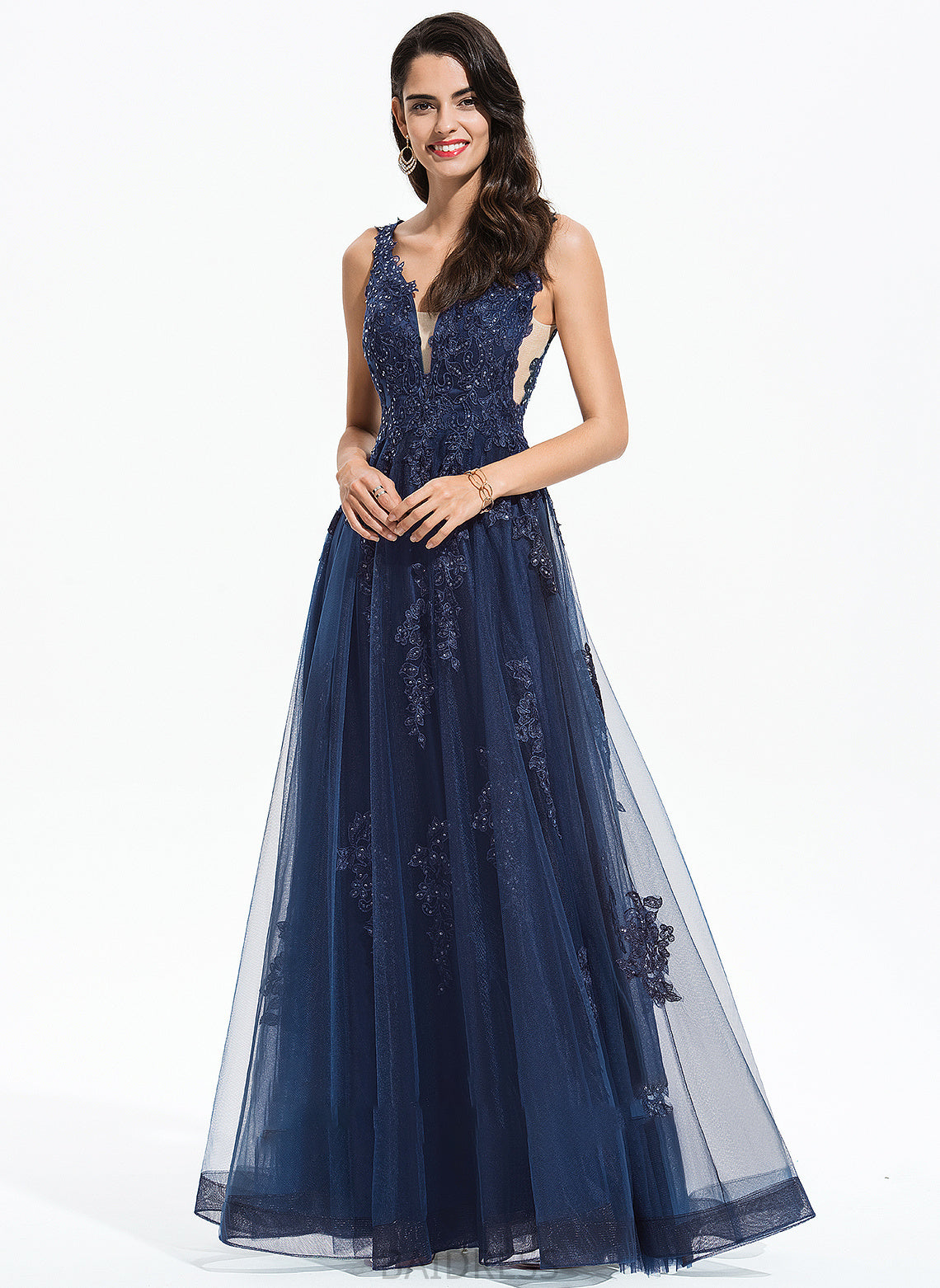 A-Line Tulle Lace With V-neck Sequins Prom Dresses Giselle Floor-Length