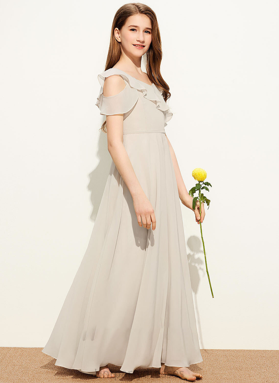 Gabriella Ruffles A-Line Junior Bridesmaid Dresses Cascading With Floor-Length Chiffon V-neck