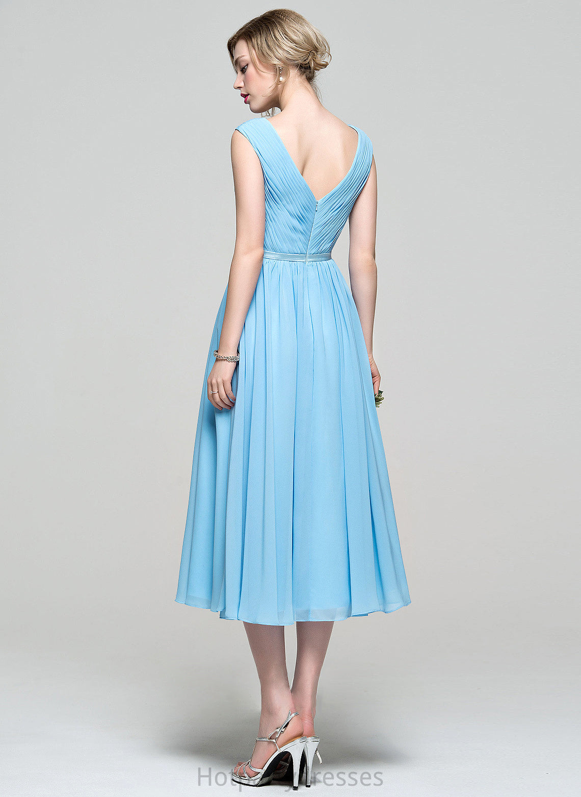 A-Line Neckline Silhouette Fabric Embellishment Ruffle V-neck Tea-Length Length Rylie Sleeveless Off The Shoulder Bridesmaid Dresses