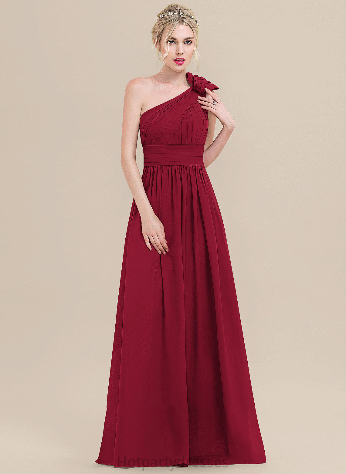 Fabric Floor-Length Length Ruffle Flower(s) Embellishment Silhouette Neckline One-Shoulder A-Line Marisol Knee Length Bridesmaid Dresses
