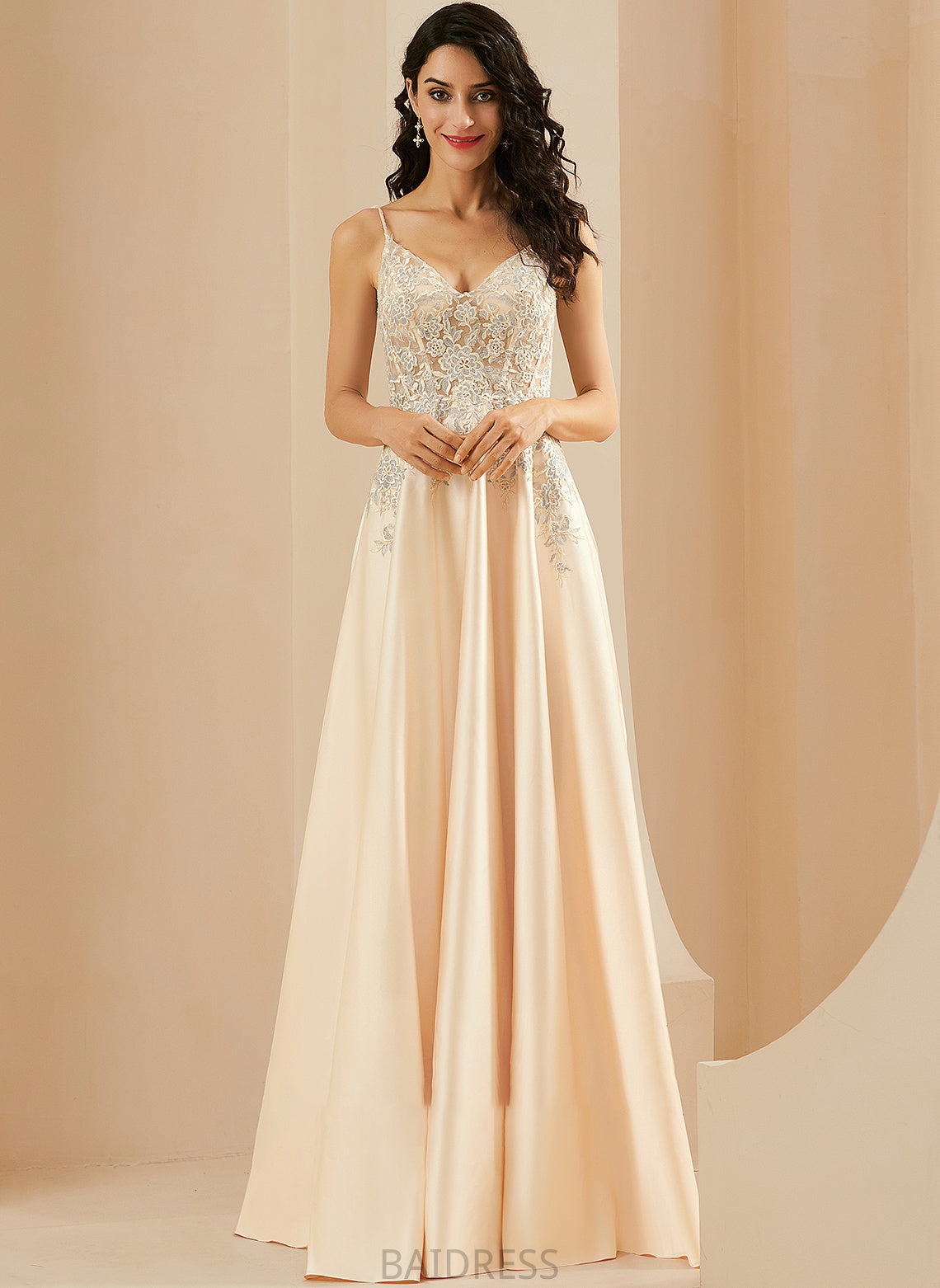 V-neck Lace Prom Dresses A-Line Satin Nyla Floor-Length With