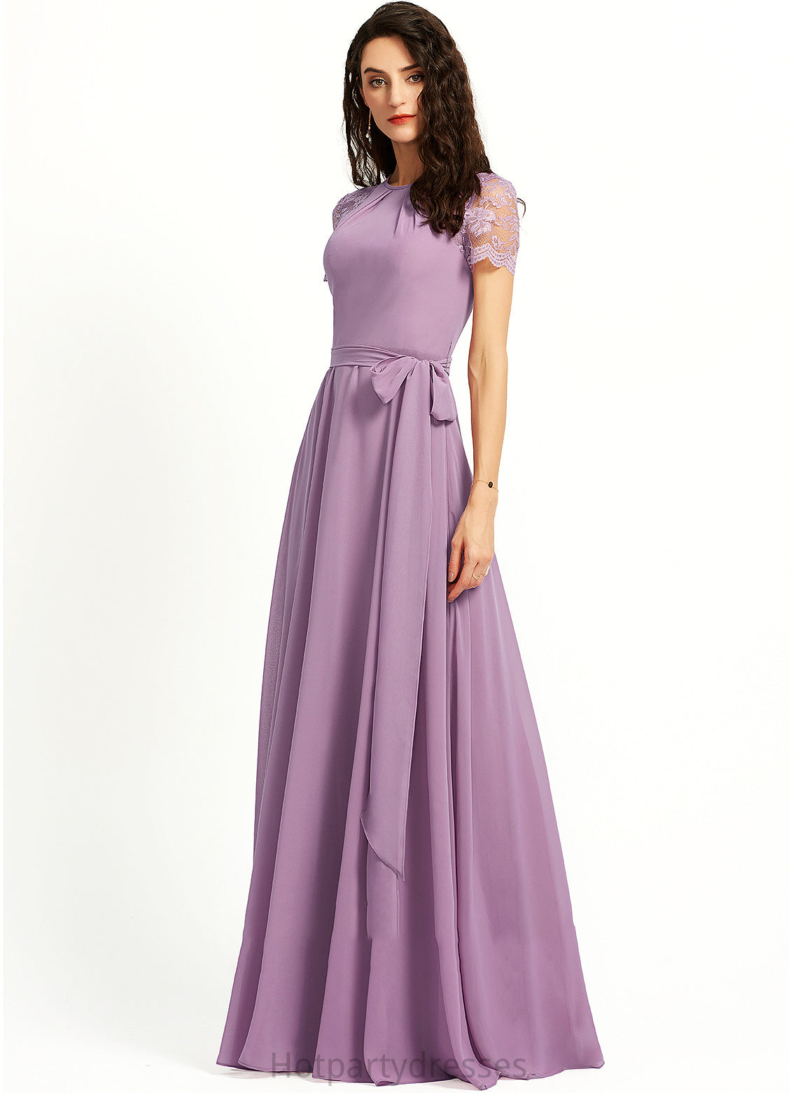 Silhouette A-Line Floor-Length Length ScoopNeck Lace Neckline Straps Fabric Marisa Floor Length Scoop Bridesmaid Dresses