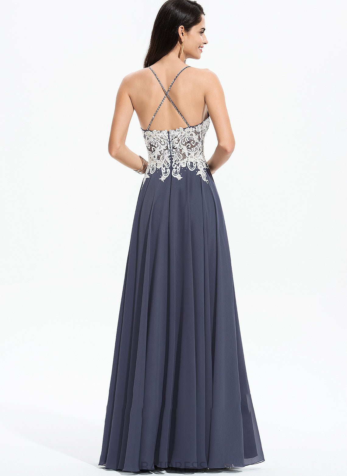 Chiffon Front Floor-Length Beading With Lace Split Sequins Pamela A-Line Prom Dresses
