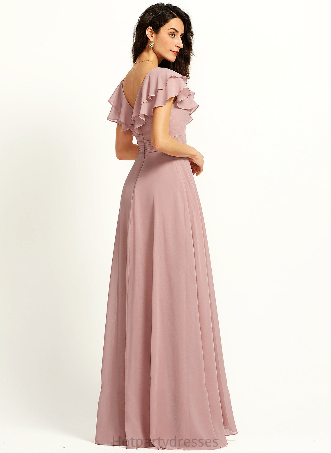 Neckline Ruffle A-Line SplitFront Fabric Embellishment Floor-Length Silhouette V-neck Length Amy Floor Length Bridesmaid Dresses