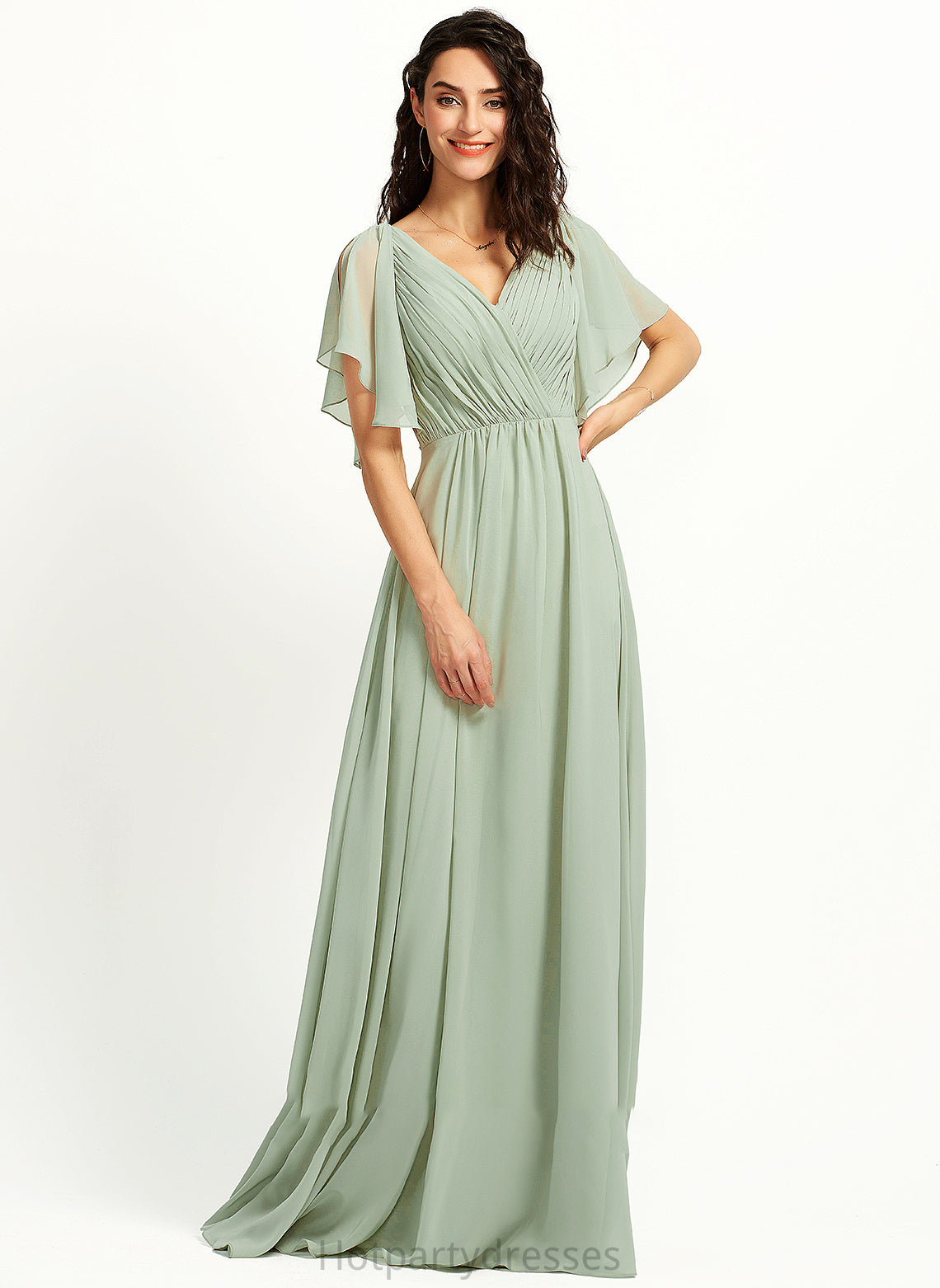 Floor-Length V-neck Embellishment Silhouette A-Line Ruffle Neckline Fabric Length Greta Tea Length Half Sleeves Bridesmaid Dresses