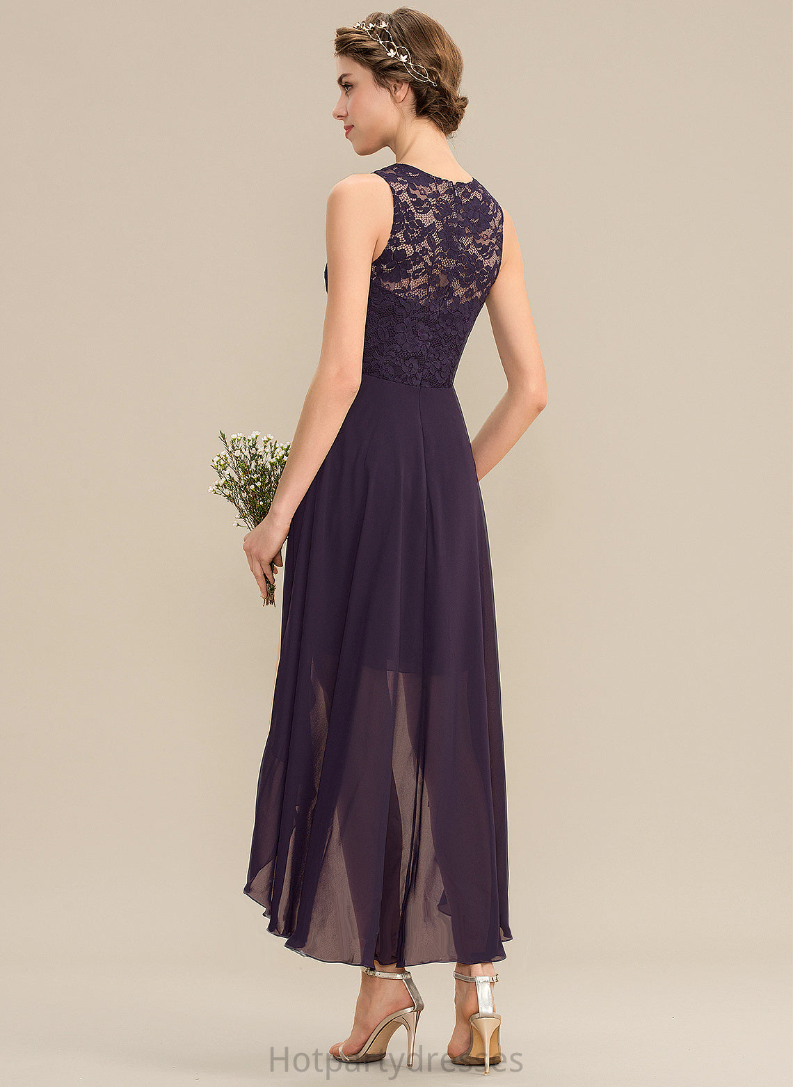 A-Line Silhouette Neckline ScoopNeck Asymmetrical Fabric Length Lace Straps Averi Floor Length Natural Waist Bridesmaid Dresses