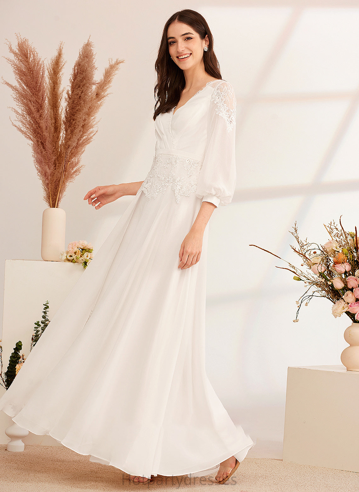 Dress With A-Line Deborah Floor-Length Wedding V-neck Lace Wedding Dresses