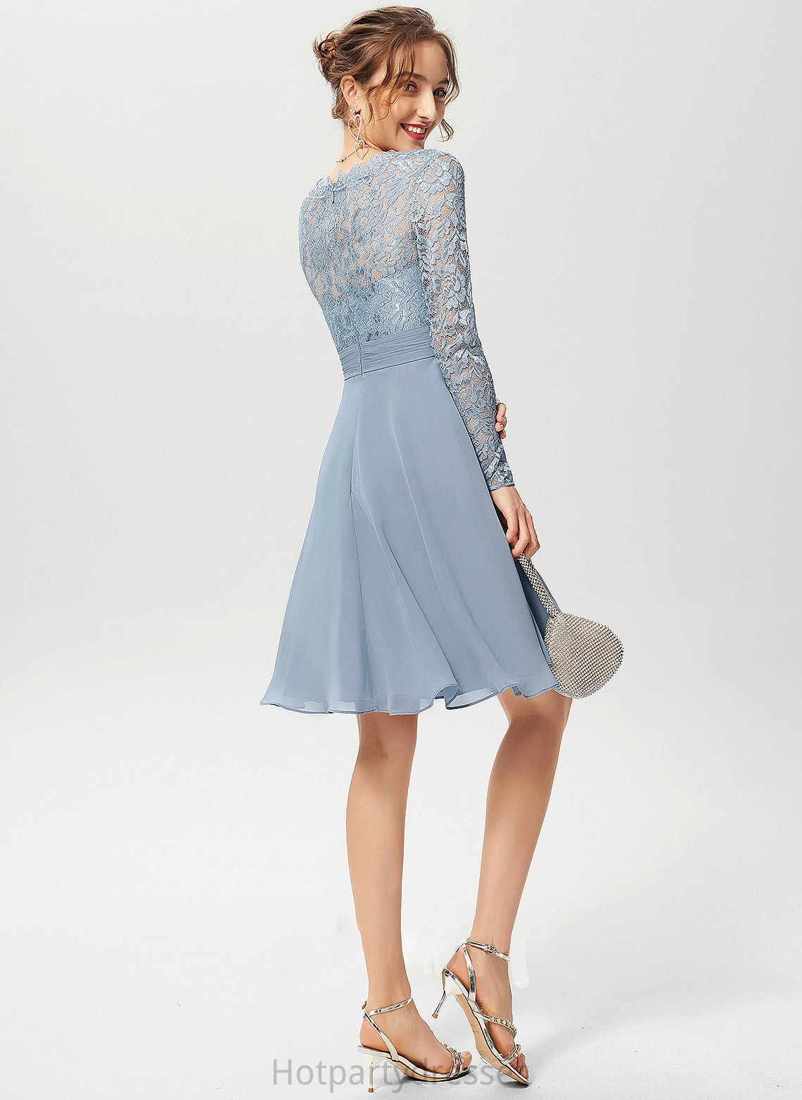 Sleeve A-Line Lace Fabric Silhouette Length V-neck Neckline Knee-Length Aleena A-Line/Princess V-Neck Bridesmaid Dresses