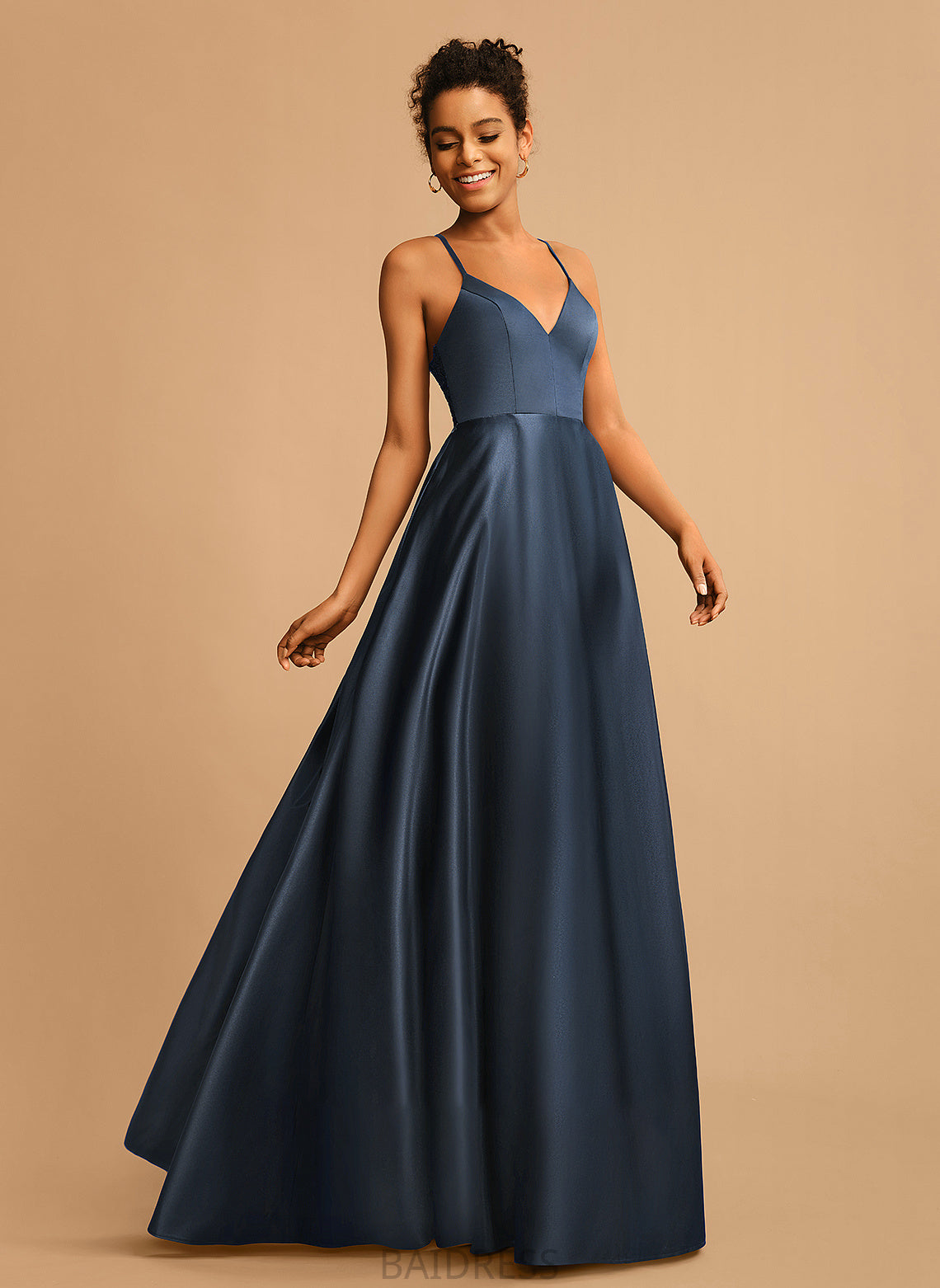 A-Line V-neck Floor-Length Felicity Satin Prom Dresses
