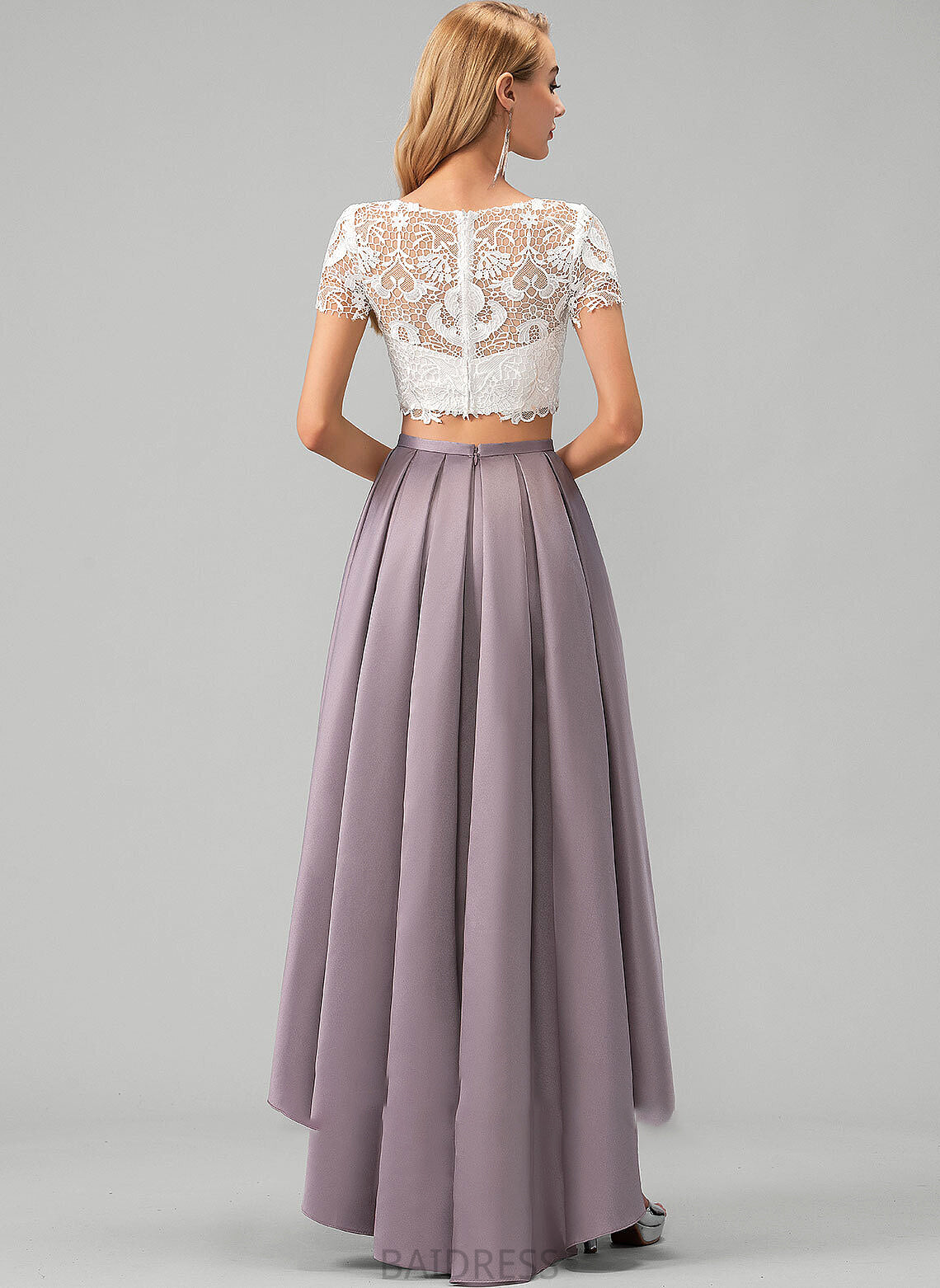 Asymmetrical With Satin Lace Prom Dresses Neck Scoop Pockets Allisson A-Line