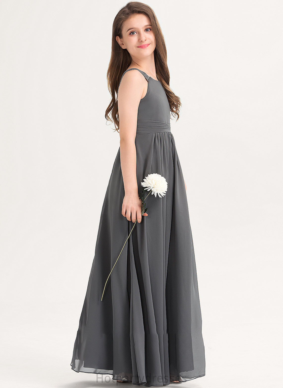 With Lace Scoop Chiffon Neck Floor-Length Ruffle Junior Bridesmaid Dresses A-Line Lina