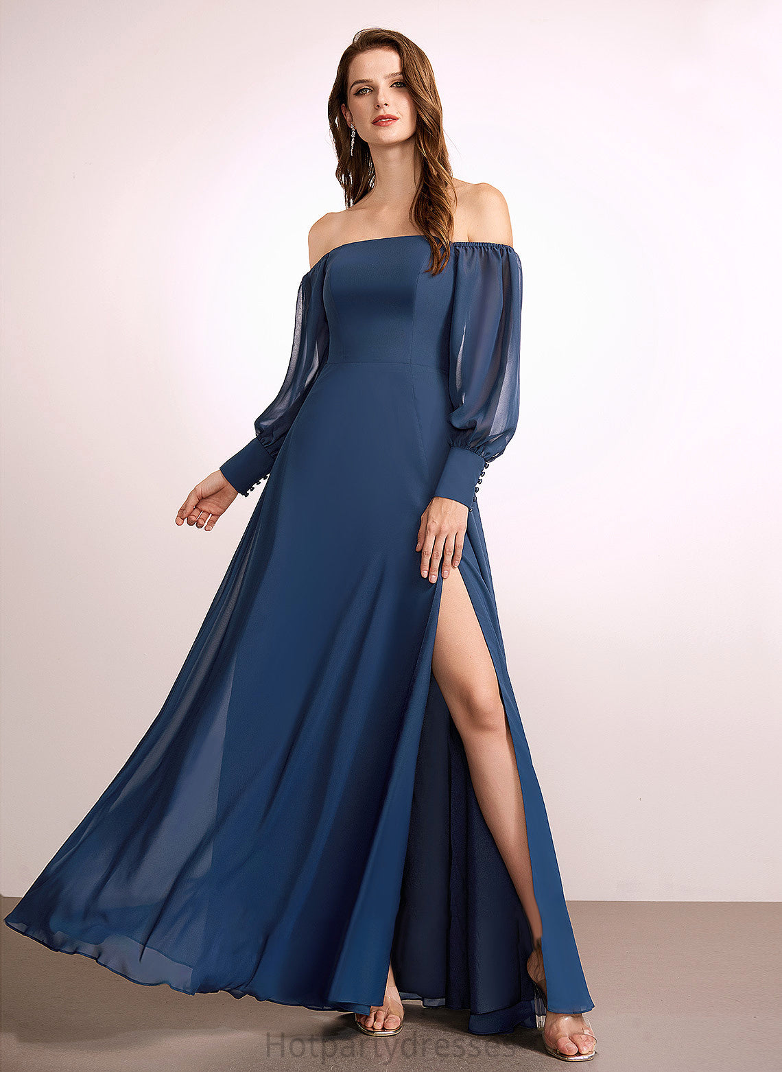 Floor-Length Length Embellishment A-Line Off-the-Shoulder Neckline Fabric Silhouette SplitFront Valerie Scoop Natural Waist Bridesmaid Dresses