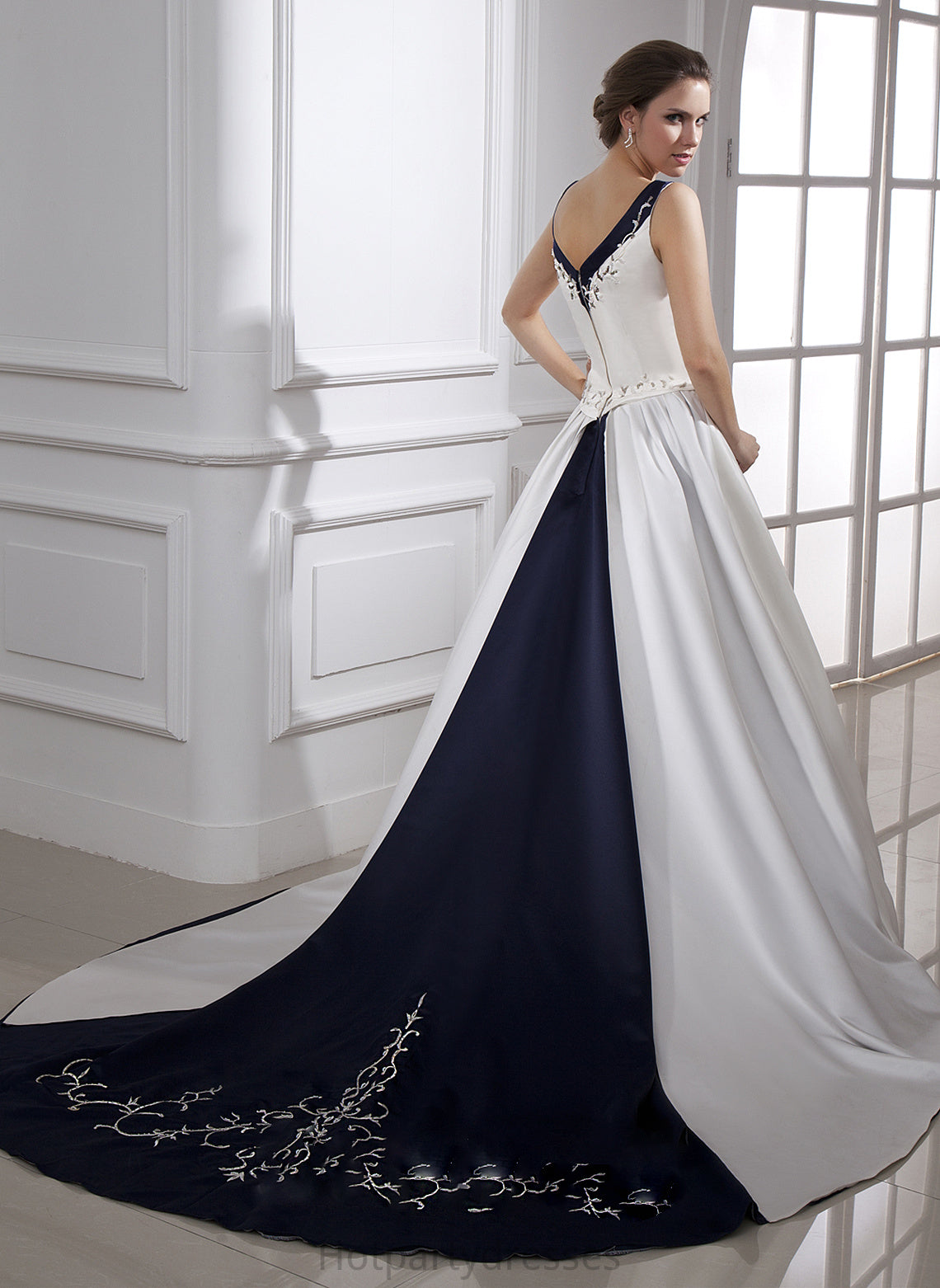 Ball-Gown/Princess Wedding Wedding Dresses V-neck Sequins Train Satin Embroidered Chapel With Beading Maribel Dress